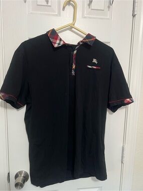 Men's Black Polo with Red Plaid Trim